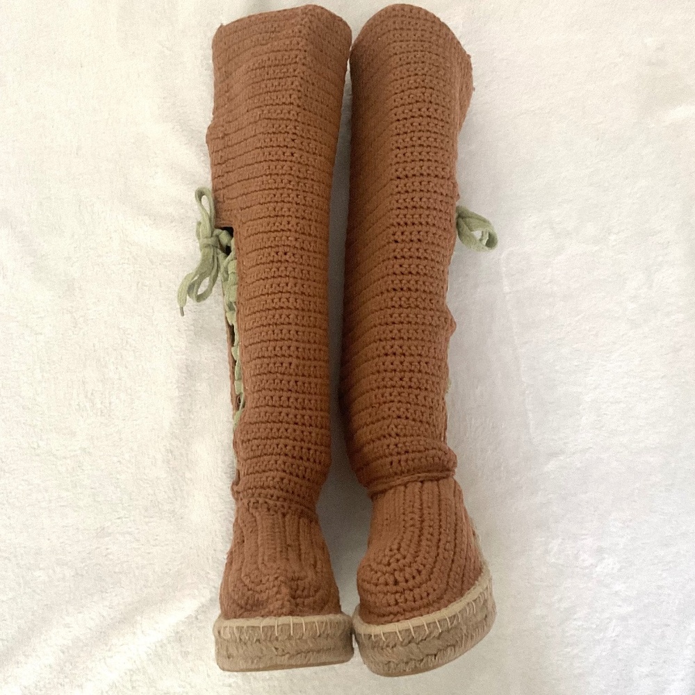 LIVS Crochet Knee High Espadrille Boots Tan Lace Up Boho Cottagecore Size 7 - Picture 14 of 15
